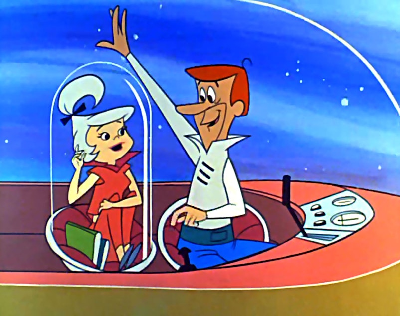 caption: George Jetson sends daughter Judy into space from a car he doesn't have to worry about driving. Why can't I?