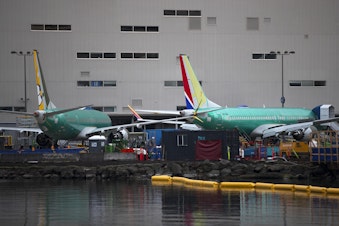 caption: Boeing 737 Max's are shown on Monday, Dec.16, 2019, at the Boeing Renton Factory in Renton.