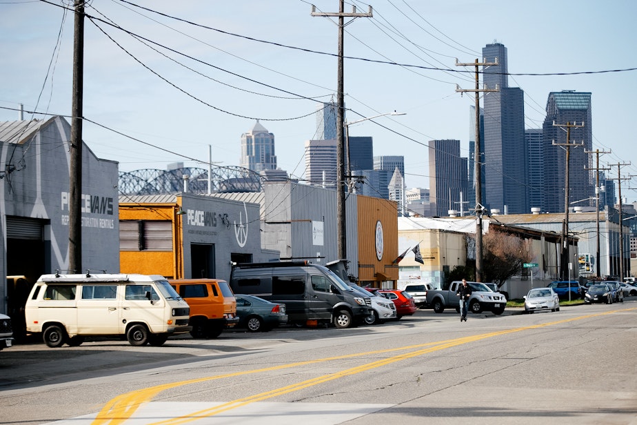 caption: Businesses along 6th Avenue South in Seattle’s SODO neighborhood are shown on Friday, April 11, 2025.