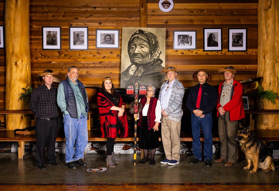 caption: The Duwamish Tribe and Council Chairwoman Cecile Hansen, center, sued the Dept of Interior May 11, 2022 for federal recognition of the tribe. 