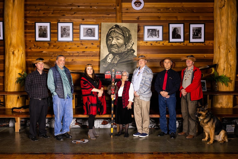 caption: The Duwamish Tribe and Council Chairwoman Cecile Hansen, center, sued the Dept of Interior May 11, 2022 for federal recognition of the tribe. 