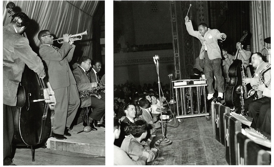 caption: Dizzy Gillespie and his orchestra at the Senator Ballroom in 1949.