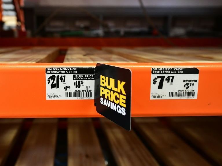 Empty shelves for N95 masks are seen at a Home Depot store in Alhambra, California on February 4, 2020.