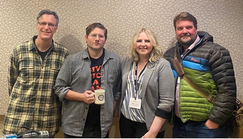 caption: Bill Radke discusses the week’s news with Axios Melissa Santos, Seattle Times Jonathan Martin, and KUOW’s Dyer Oxley.