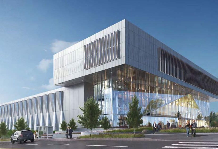 caption: An artist's rendering of the proposed new North Precinct station for the Seattle Police Department.