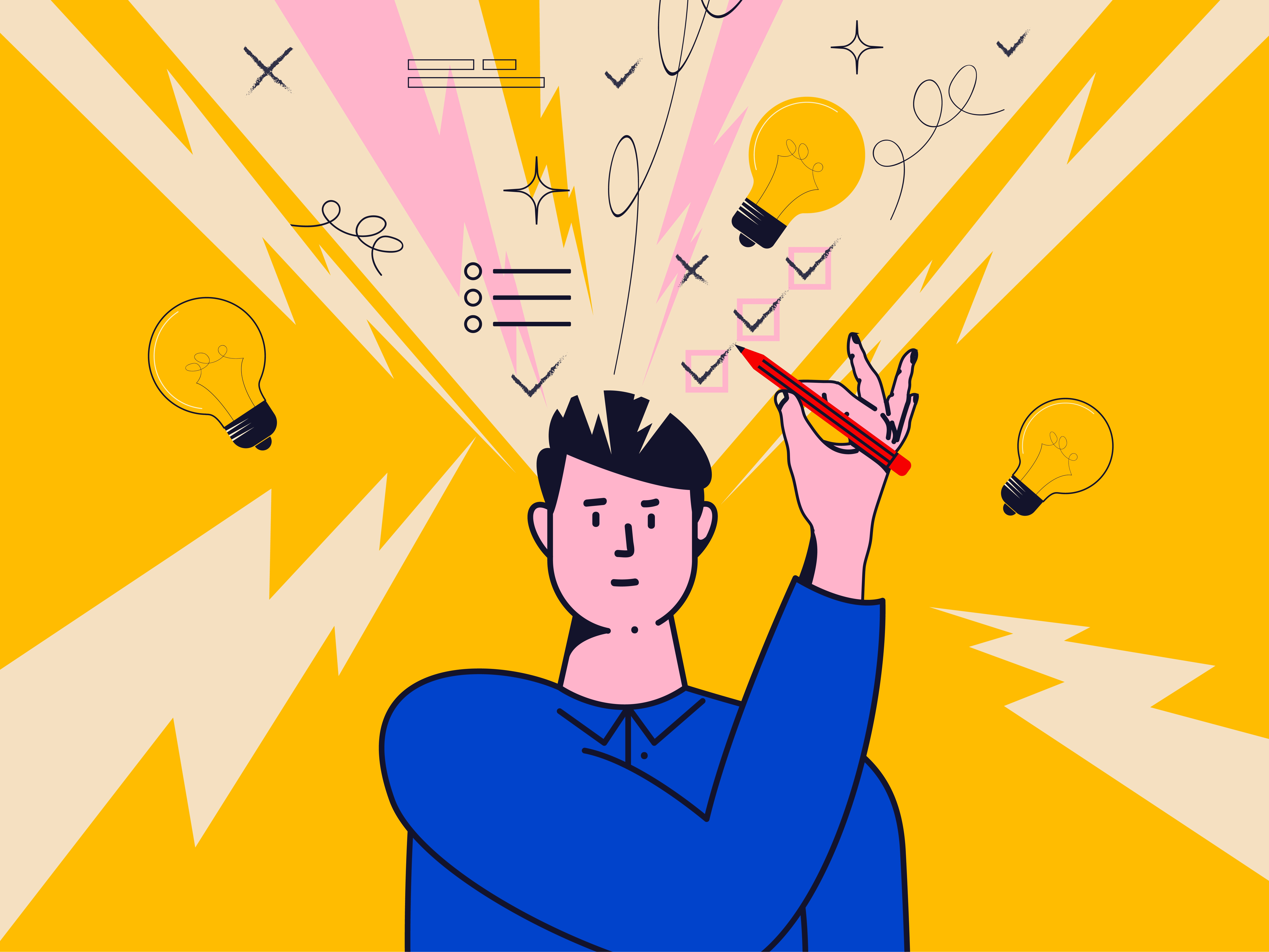 Brainstorming or decision making or idea conceptual illustration with male character with thinking process. Vector illustration