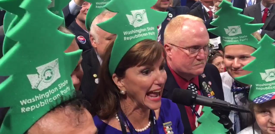 caption: Susan Hutchison, chair of the Washington state Republican Party, at the GOP convention in Cleveland on July 18.