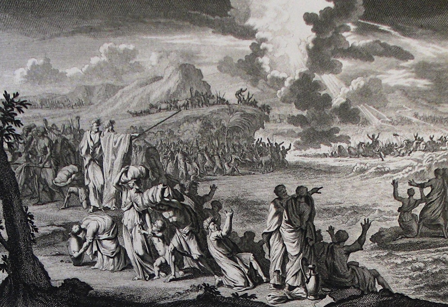 caption: The Phillip Medhurst Picture Torah 379. Moses commands the return of the Red Sea.