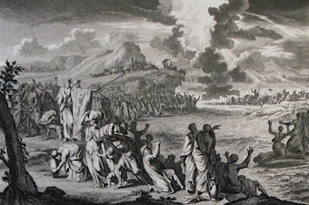 caption: The Phillip Medhurst Picture Torah 379. Moses commands the return of the Red Sea.