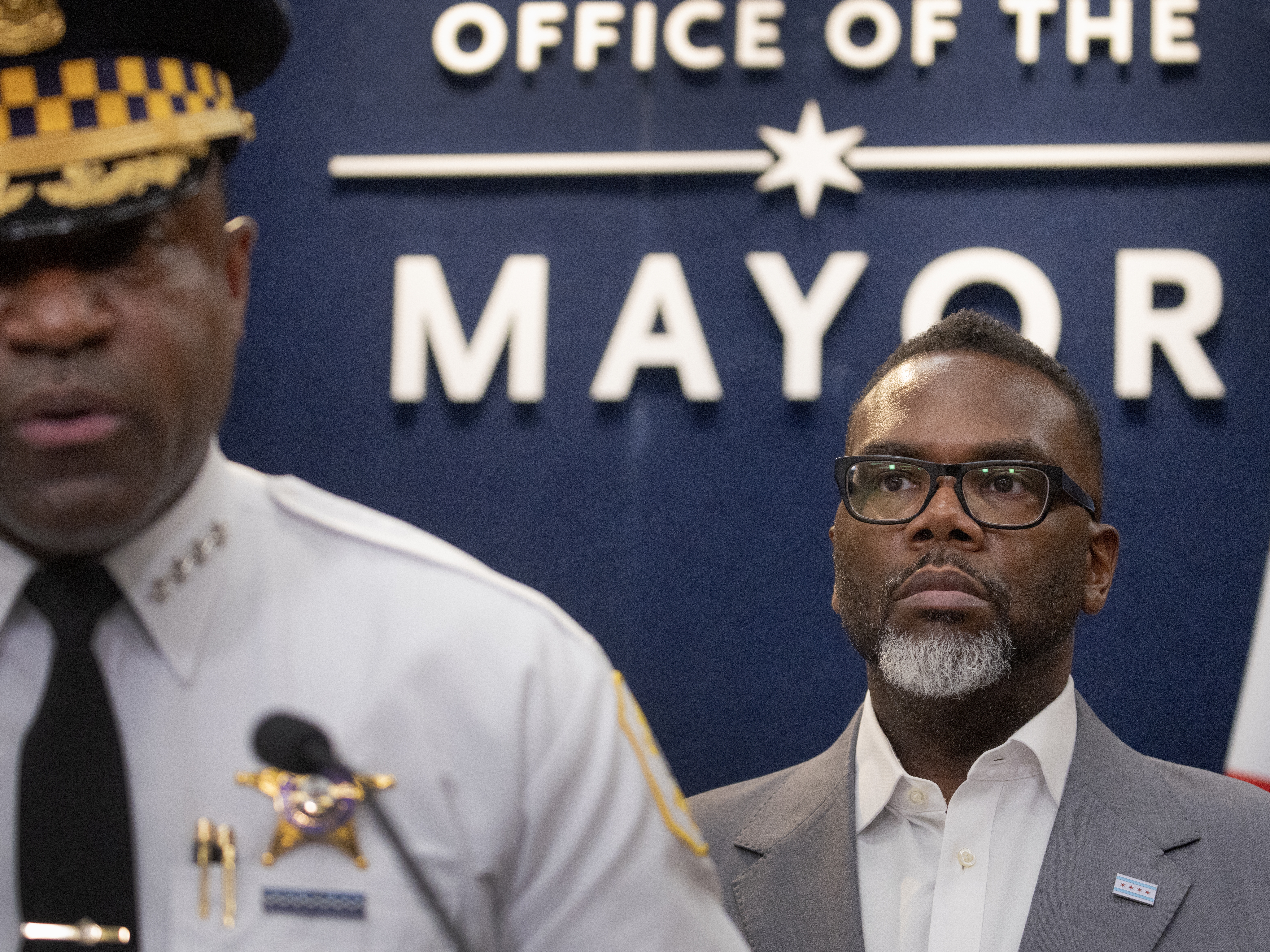 caption: Chicago Mayor Brandon Johnson attends a press conference in January. On Friday, Johnson called President Trump's threat to send the National Guard to Chicago "uncoordinated, uncalled for, and unsound."