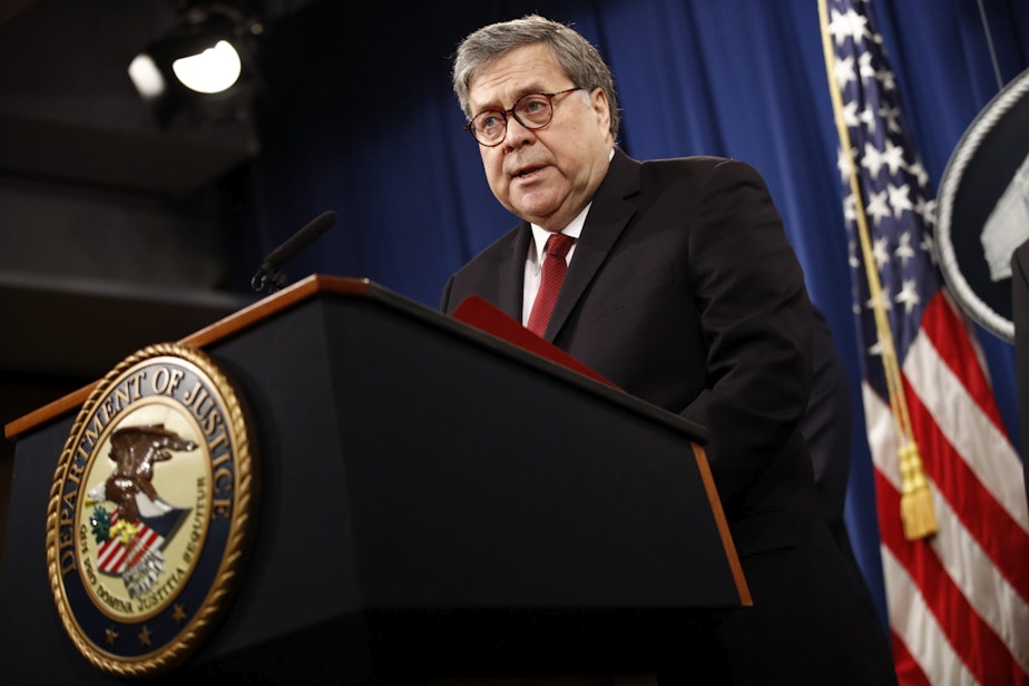 caption: Attorney General William Barr speaks about the release of a redacted version of special counsel Robert Mueller's report during a news conference, Thursday, April 18, 2019, at the Department of Justice in Washington. (AP Photo/Patrick Semansky)