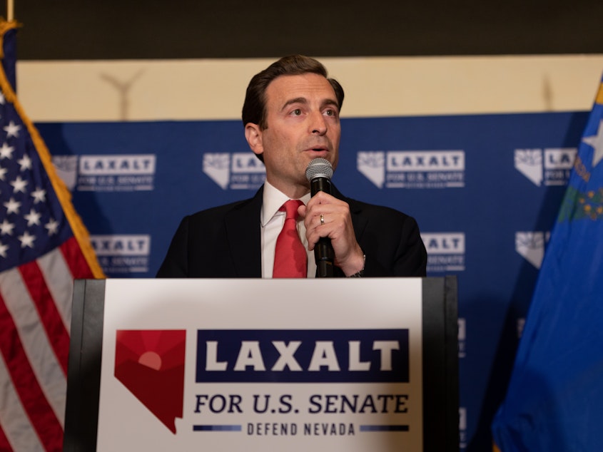 caption: Nevada Republican U.S. Senate nominee Adam Laxalt speaks to a crowd on election night Tuesday in Reno, Nev.
