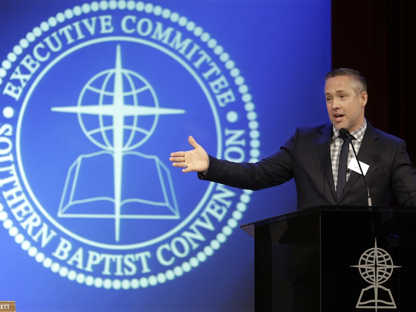 caption: Southern Baptist Convention President J.D. Greear speaks to the denomination's executive committee in February. Church leaders meet this week to discuss clergy sexual abuse cases.