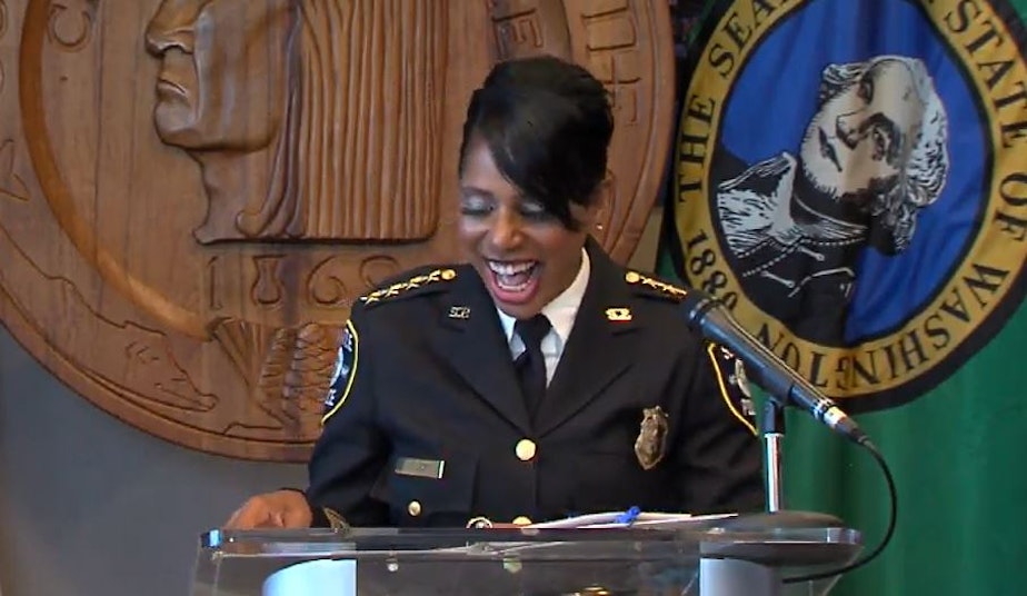 caption: Seattle Police Chief Carmen Best officially announces that she is retiring from the Seattle Police Department, Aug. 11, 2020. 