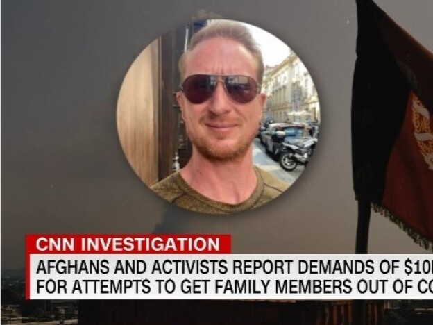 caption: Security contractor Zachary Young alleges that CNN defamed him in a November 2021 report, shown above, about Afghans' fears of exorbitant charges from people offering to get them out of the country after the Taliban took control of Afghanistan. CNN says it will defend the report in a trial set to start in a Florida court Monday.