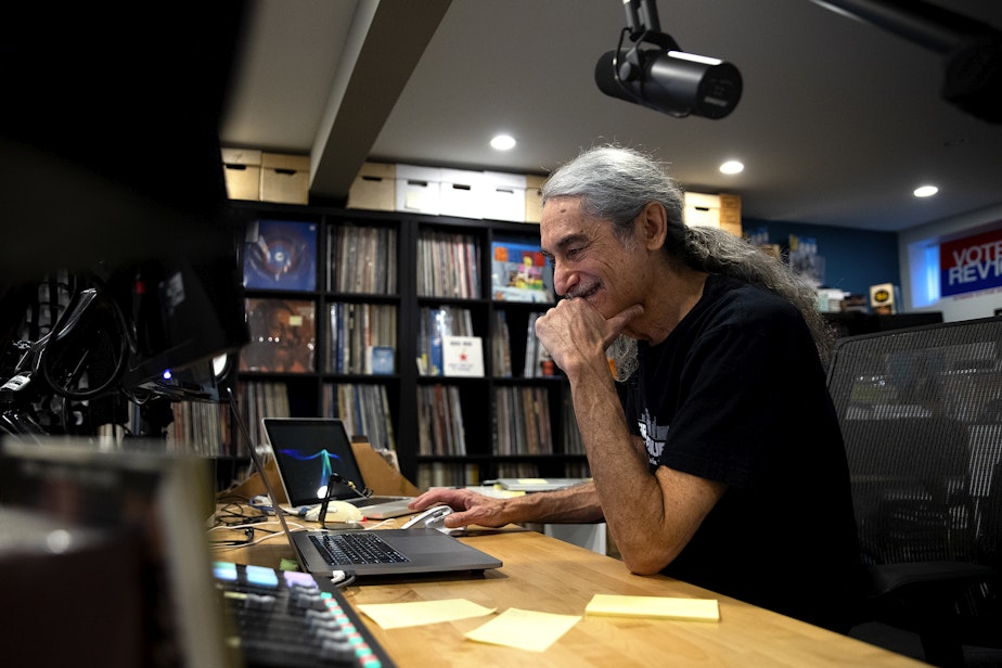 caption: Retiring KEXP DJ Kevin Cole in his home studio on Monday, July 8, 2024, in Seattle.