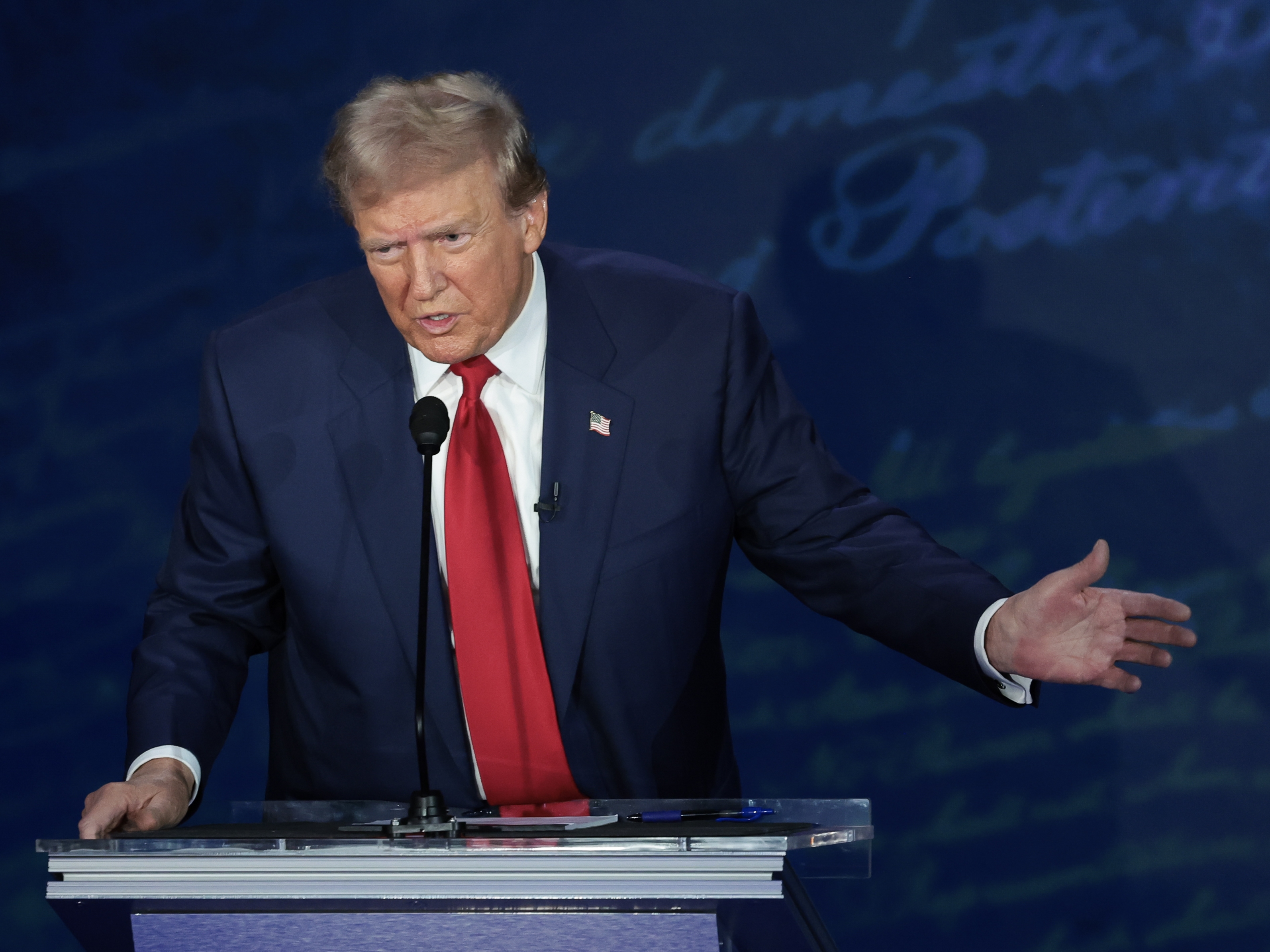 caption: Republican presidential nominee, former U.S. President Donald Trump, debates Democratic presidential nominee, U.S. Vice President Kamala Harris, for the first time during the presidential election campaign at The National Constitution Center on Sept.10, 2024 in Philadelphia.