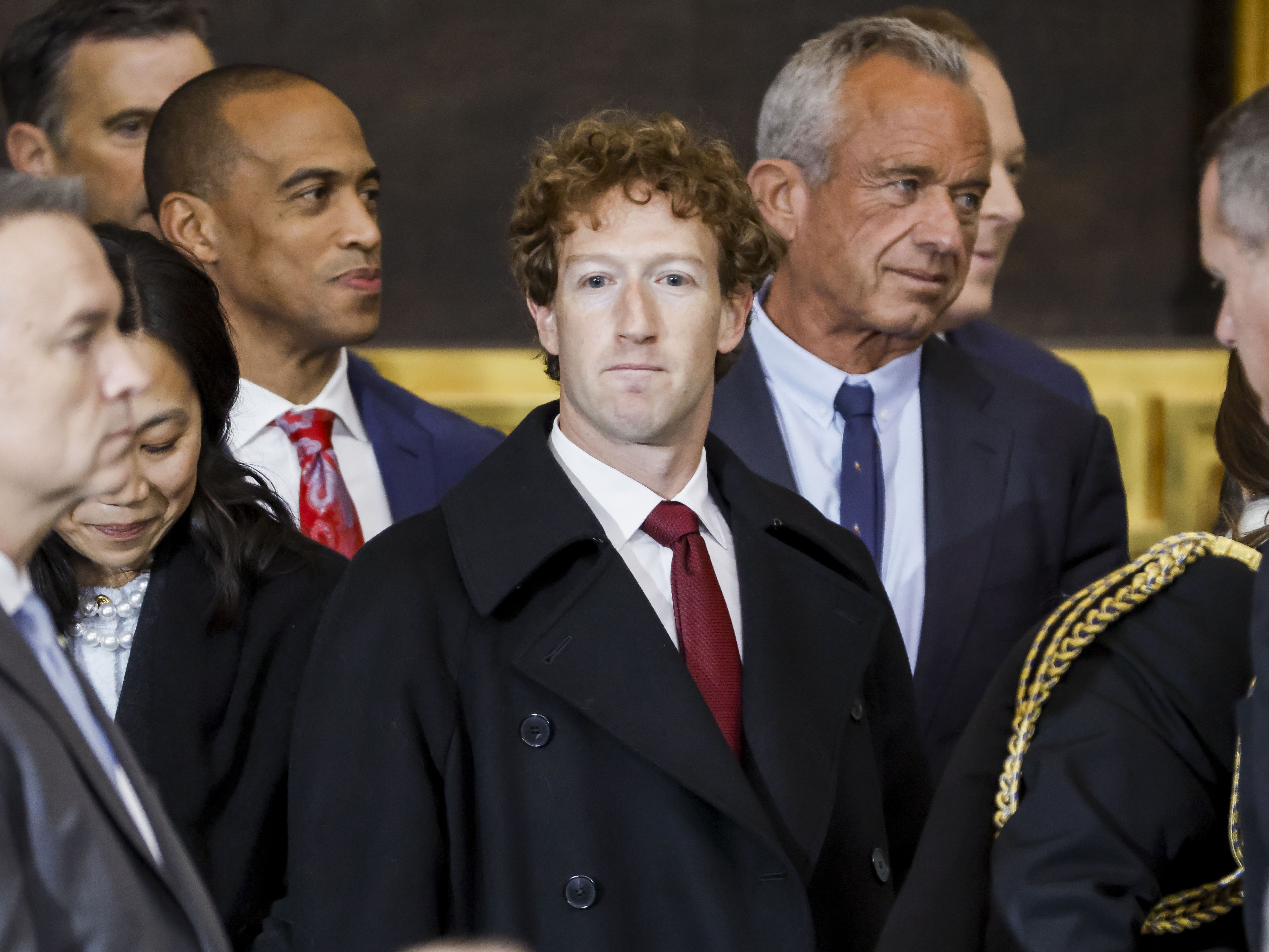 caption: Mark Zuckerberg, the CEO of Meta, at President Trump's inauguration at the U.S. Capitol on Jan. 20, 2025. Meta faces an antitrust trial that begins Monday.