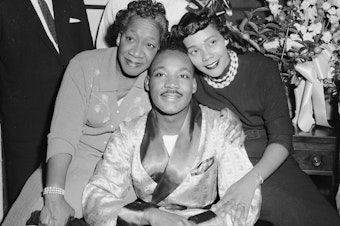 caption: Alberta Williams King (left) with her son, Dr. Martin Luther King Jr. and daughter-in-law, Coretta Scott King on September 30, 1958.