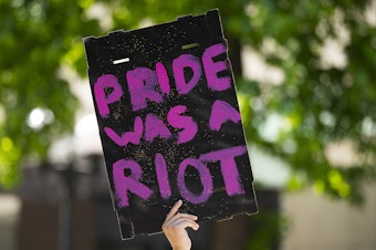 caption: "Pride was a riot," referring to the Stonewall Riots of 1969, reads a sign during the Seattle Pride Parade on Sunday, June 25, 2023, in downtown Seattle. 