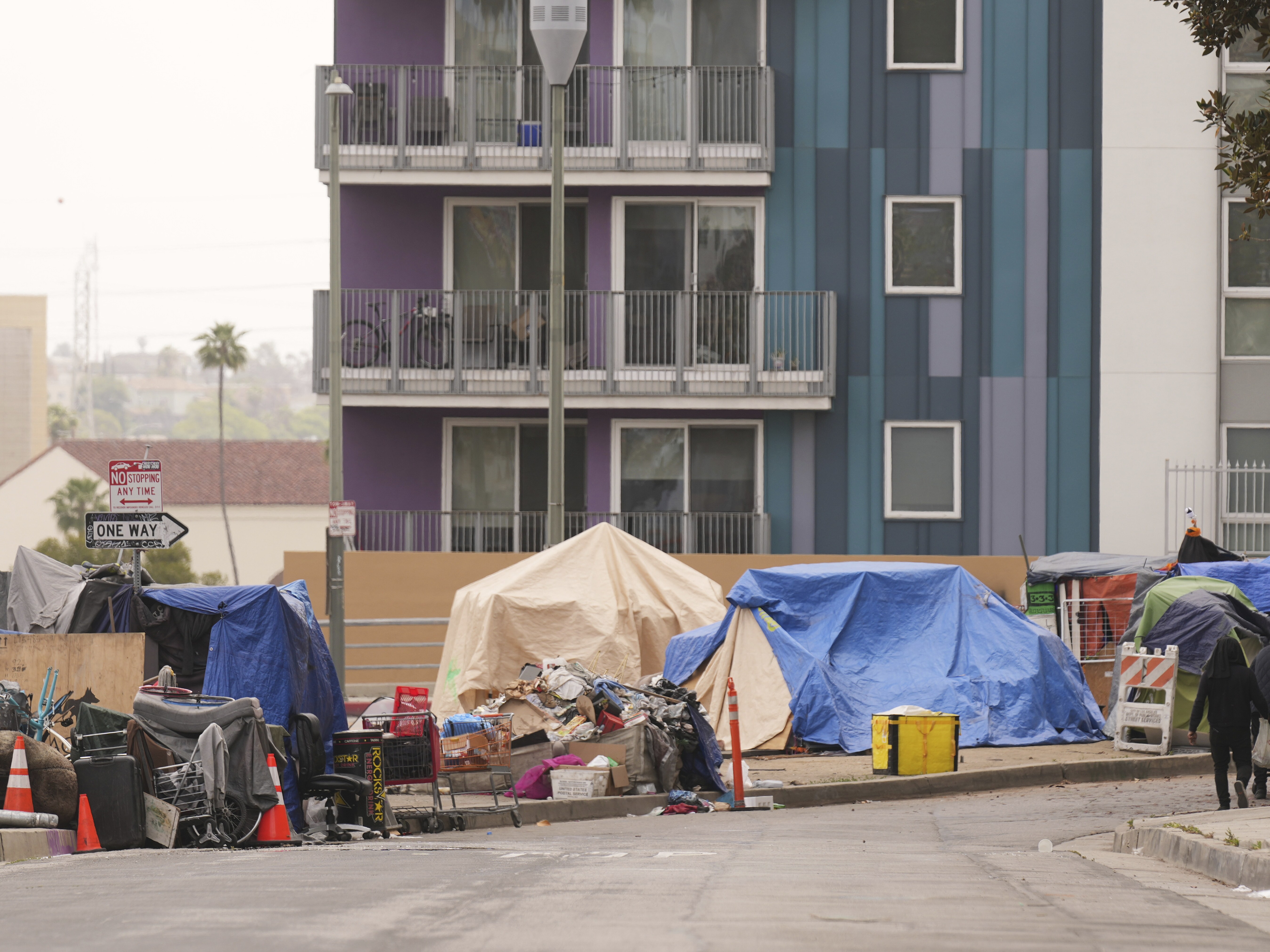 caption: Tents are set up in a homeless encampment along a Los Angeles freeway in May.