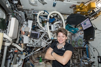 caption: NASA astronaut Anne McClain inside the Destiny laboratory module surrounded by exercise gear on Dec. 14.