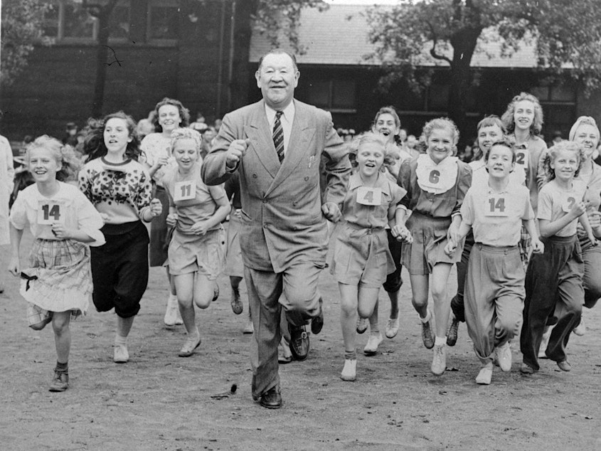 caption: Jim Thorpe, the famed American athlete and U.S. Olympic great runs during a Junior Olympics event in Chicago on June 6, 1948. Thorpe has been reinstated as the sole winner of the 1912 Olympic pentathlon and decathlon.