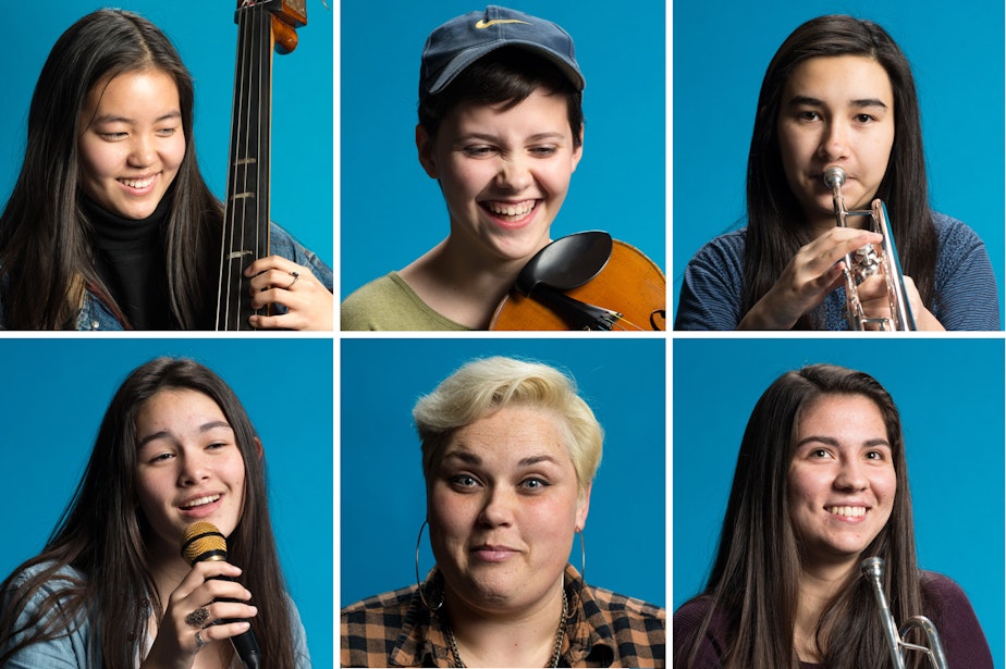 caption: Clockwise from top, left: Colby Lamson-Gordon (junior, Lakeside), Susana Davidson (soph., Garfield), Bell Thompson (soph., Garfield), Lauren Martinez (Garfield), Kelly Barr-Clingan (director), Maia Nelson (sophomore, Garfield)