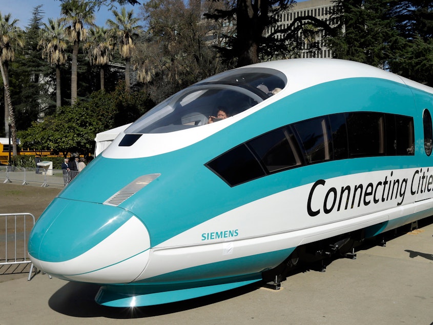caption: A full-scale mock-up of a high-speed train is on display at the Capitol in Sacramento, Calif., in 2015. The Trump administration is planning to cancel a $929 million federal grant for the project.