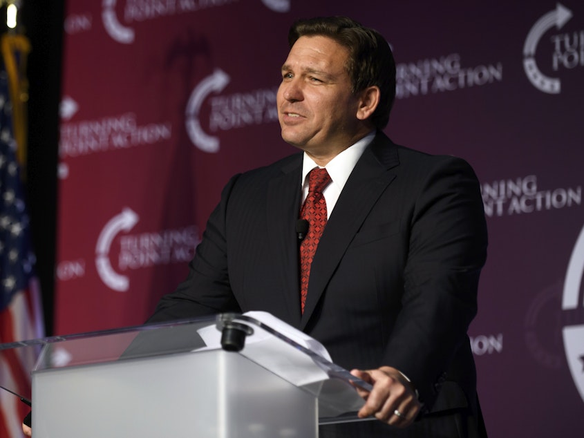 caption: Florida Gov. Ron DeSantis' flight that took 50 migrants to Martha's Vineyard, Mass., is being investigated by the Bexar County Sheriff's Office in Texas. The migrants were flown from Texas to Florida and then on to Martha's Vineyard. Here, DeSantis speaks at a rally on Aug. 19 in Pittsburgh.