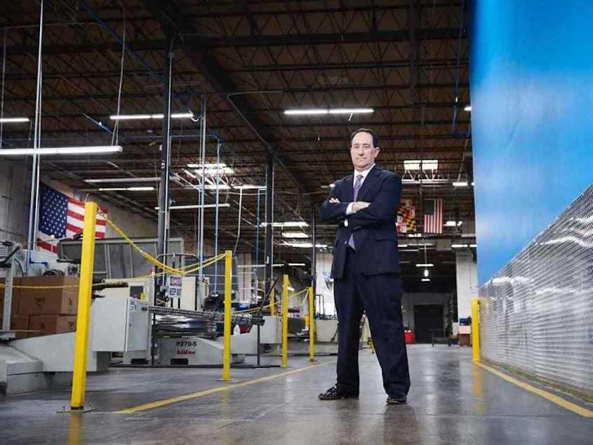 caption: Drew Greenblatt runs Marlin Steel Wire Products in Baltimore. Ten months ago, he bought a second plant in Indiana that supplies the auto industry, among other customers.