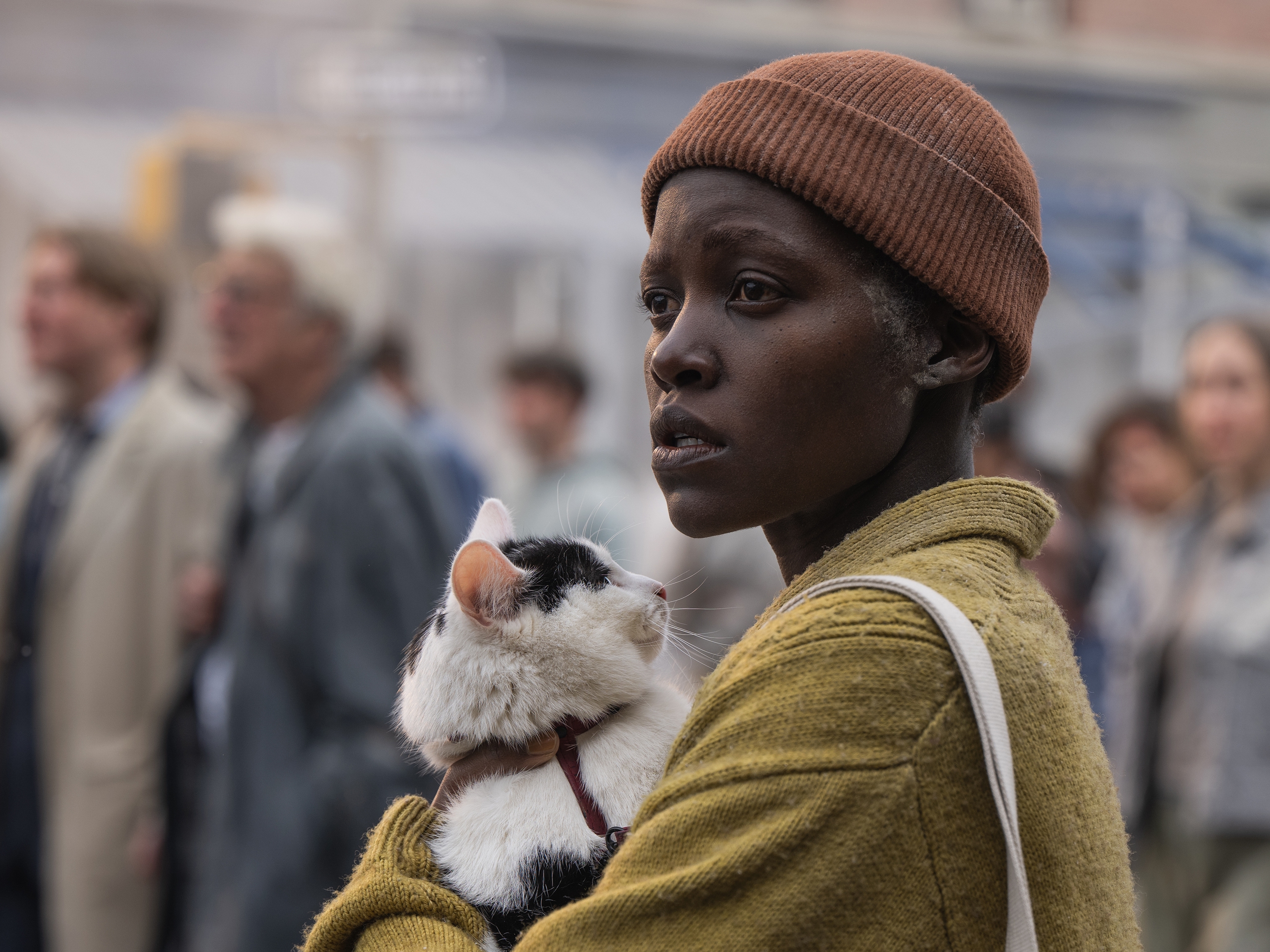 caption: Samira (Lupita Nyong’o) and her cat Frodo try to avoid alien attack in <em>A Quiet Place: Day One.</em>
