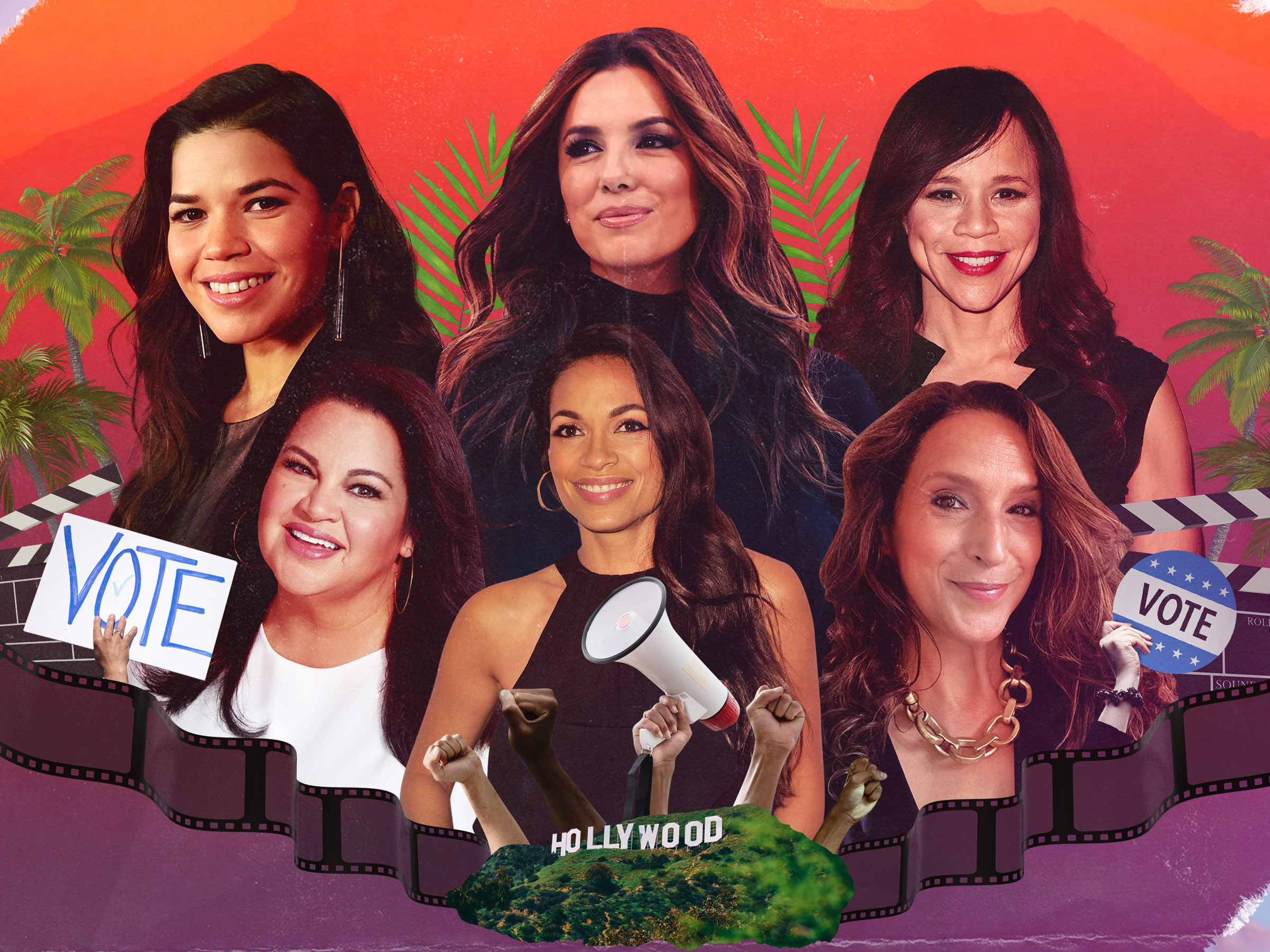 caption: America Ferrera (clockwise from top left), Eva Longoria, Rosie Perez, Ivette Rodriguez, Rosario Dawson and Christy Haubegger are using their platforms to promote empowerment and representation.