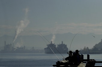 caption: People fish from a pier in Commencement Bay, Thursday, Oct. 24, 2019, in Tacoma, Wash. Following a period of rain earlier in the week, the sun — and a little fog — made an appearance Thursday. 