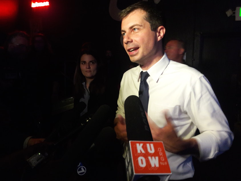 caption: Pete Buttigieg appears in Seattle this summer.