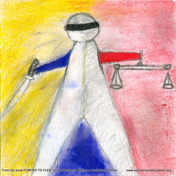 caption: Ta Kwe Say, 23, says this drawing in the book 'Forced to Flee' depicts how Burmese army recruits are programmed to choose violence over justice.