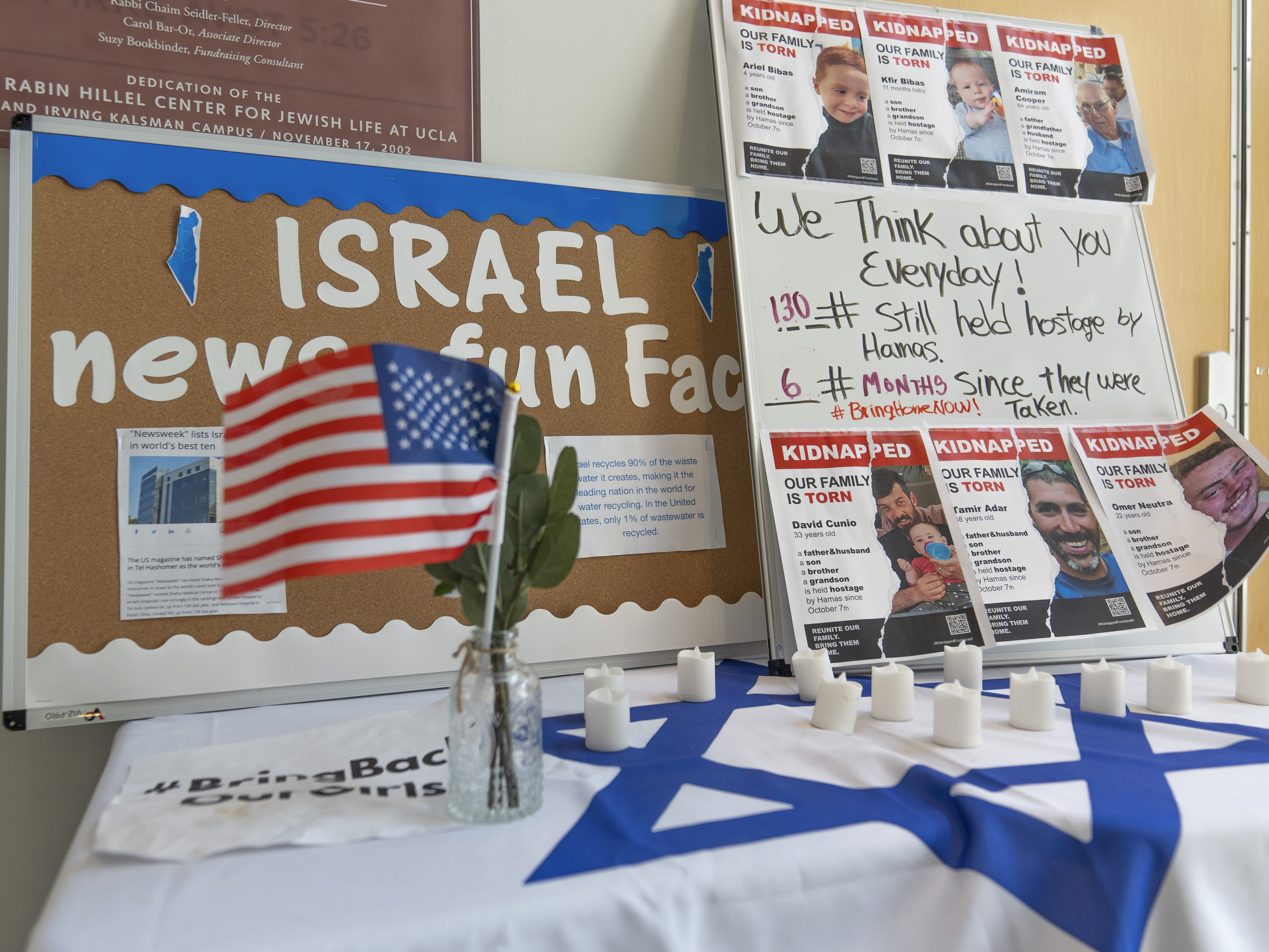 caption: Posters for civilians who were abducted from Israel by Hamas on Oct. 7, 2023, are posted at the Hillel at UCLA in Los Angeles.