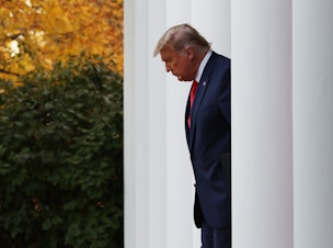 caption: President Donald Trump walks up to speak about Operation Warp Speed in the Rose Garden at the White House on November 13, 2020 in Washington, DC. (Tasos Katopodis/Getty Images)