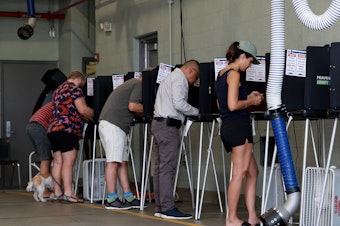 caption: Voters cast their ballots at a polling station setup in a fire station on August 23, 2022 in Miami Beach, Florida.