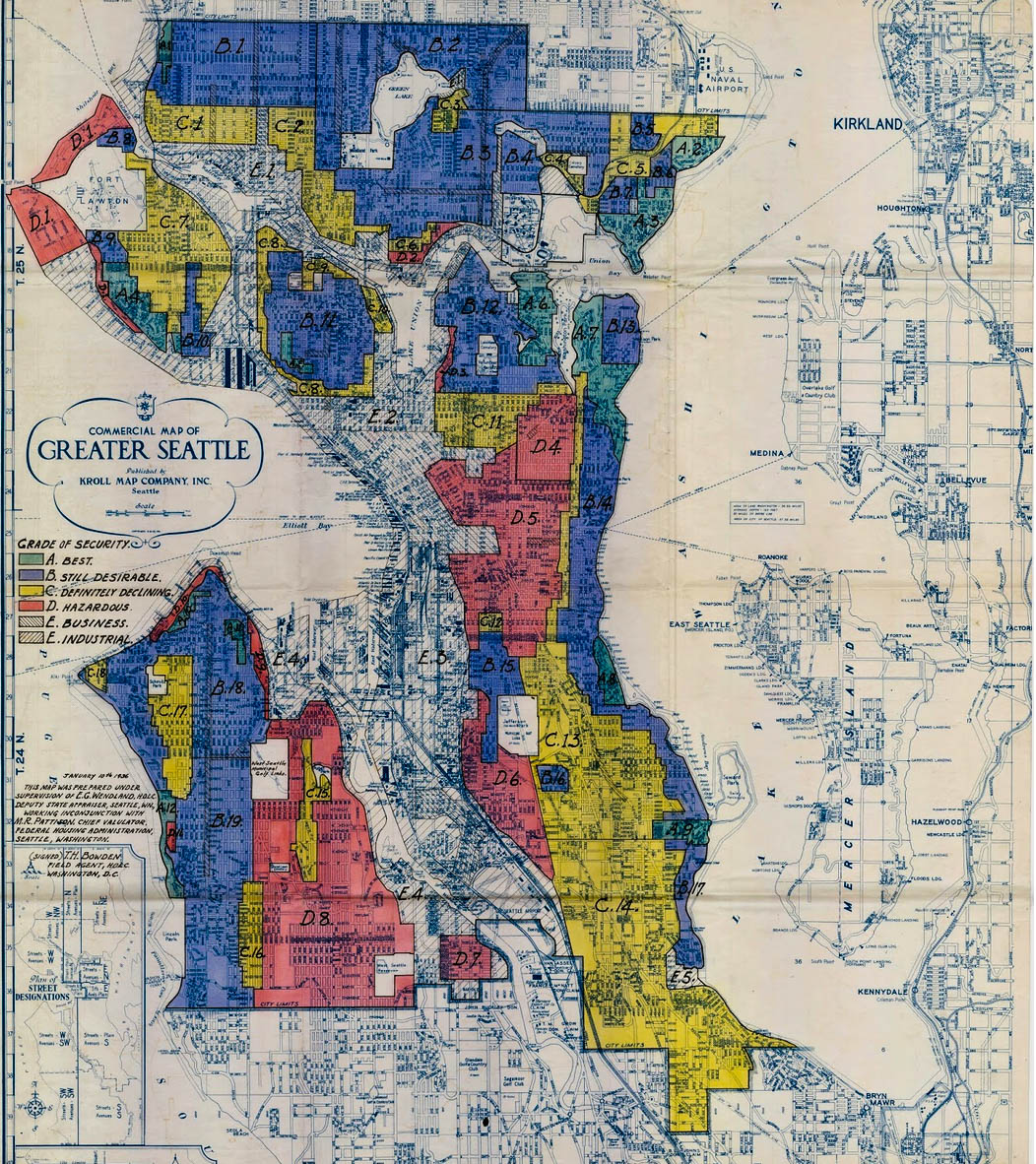 caption: A 1936 map that shows where banks prevented residents in the Central District from accessing loans to buy homes.