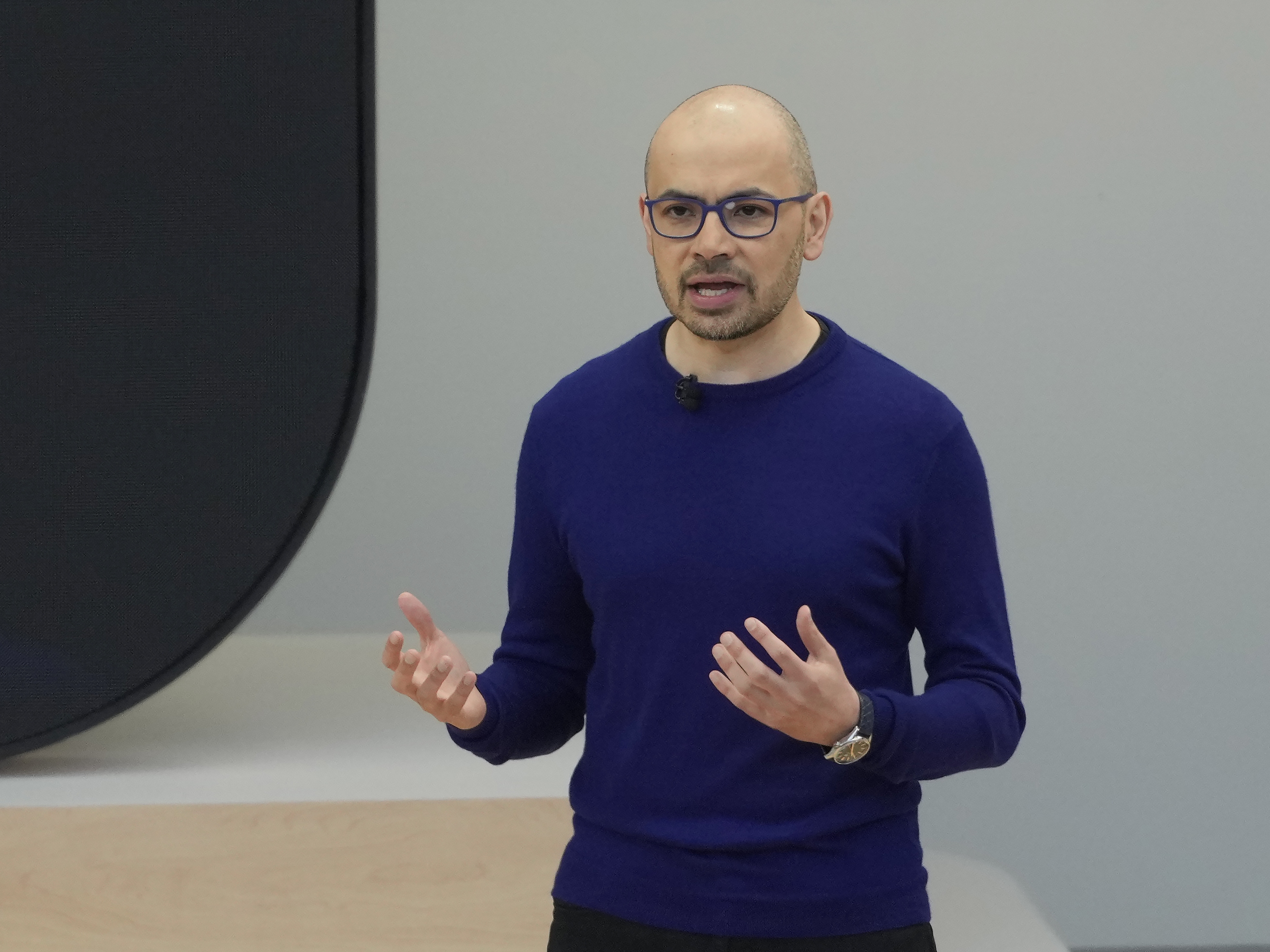 caption: Demis Hassabis, CEO of DeepMind Technologies, speaks at a Google I/O event in Mountain View, Calif., Tuesday, May 14, 2024.