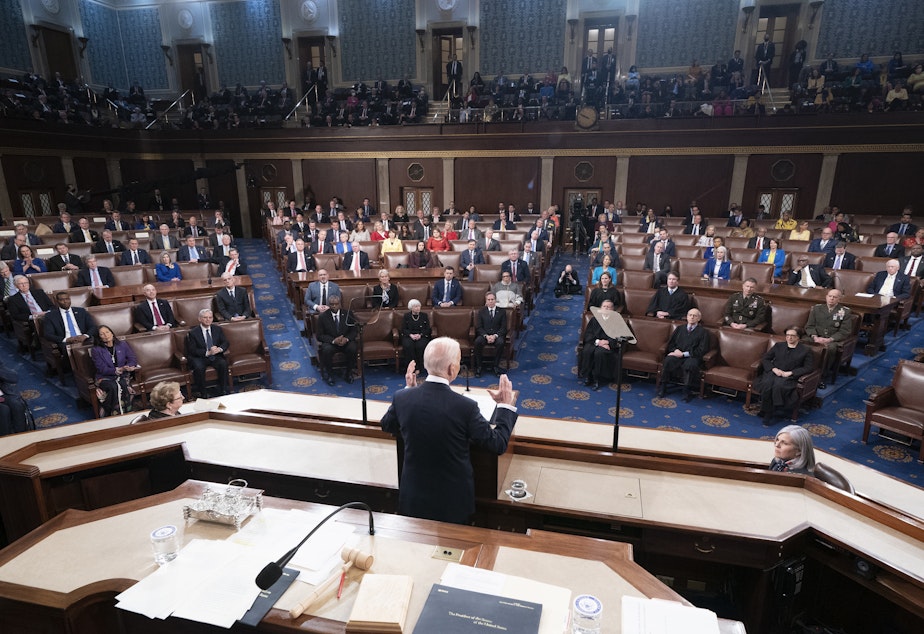 caption: President Biden delivers the State of the Union address before a joint session of Congress at the U.S. Capitol on Tuesday.
