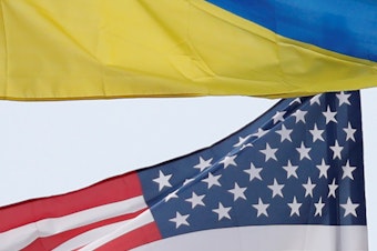caption: Ukrainian and U.S. flags fly in Kyiv, Ukraine.