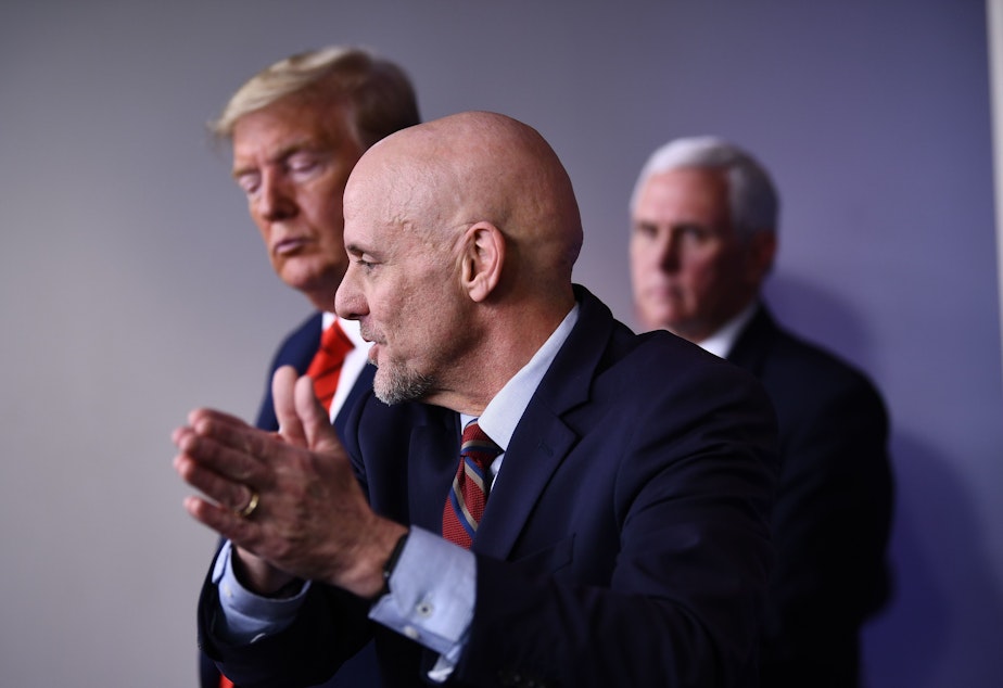 caption: FDA Commissioner Stephen Hahn at a news conference on the coronavirus outbreak at the White House on March 19.