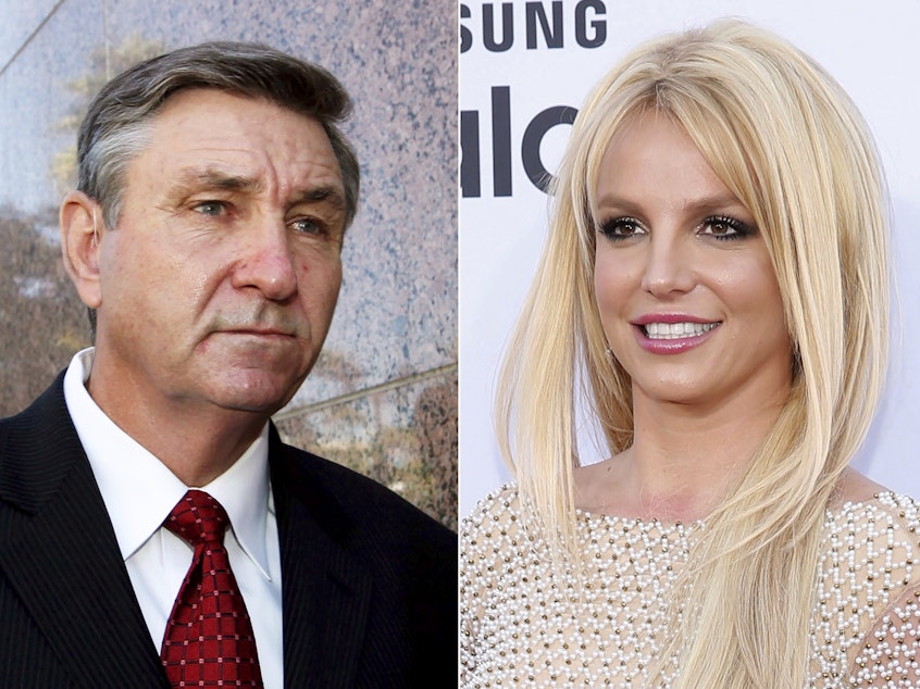 caption: A judge has denied Britney Spears' request to remove her father, Jamie Spears (left), as a co-conservator.