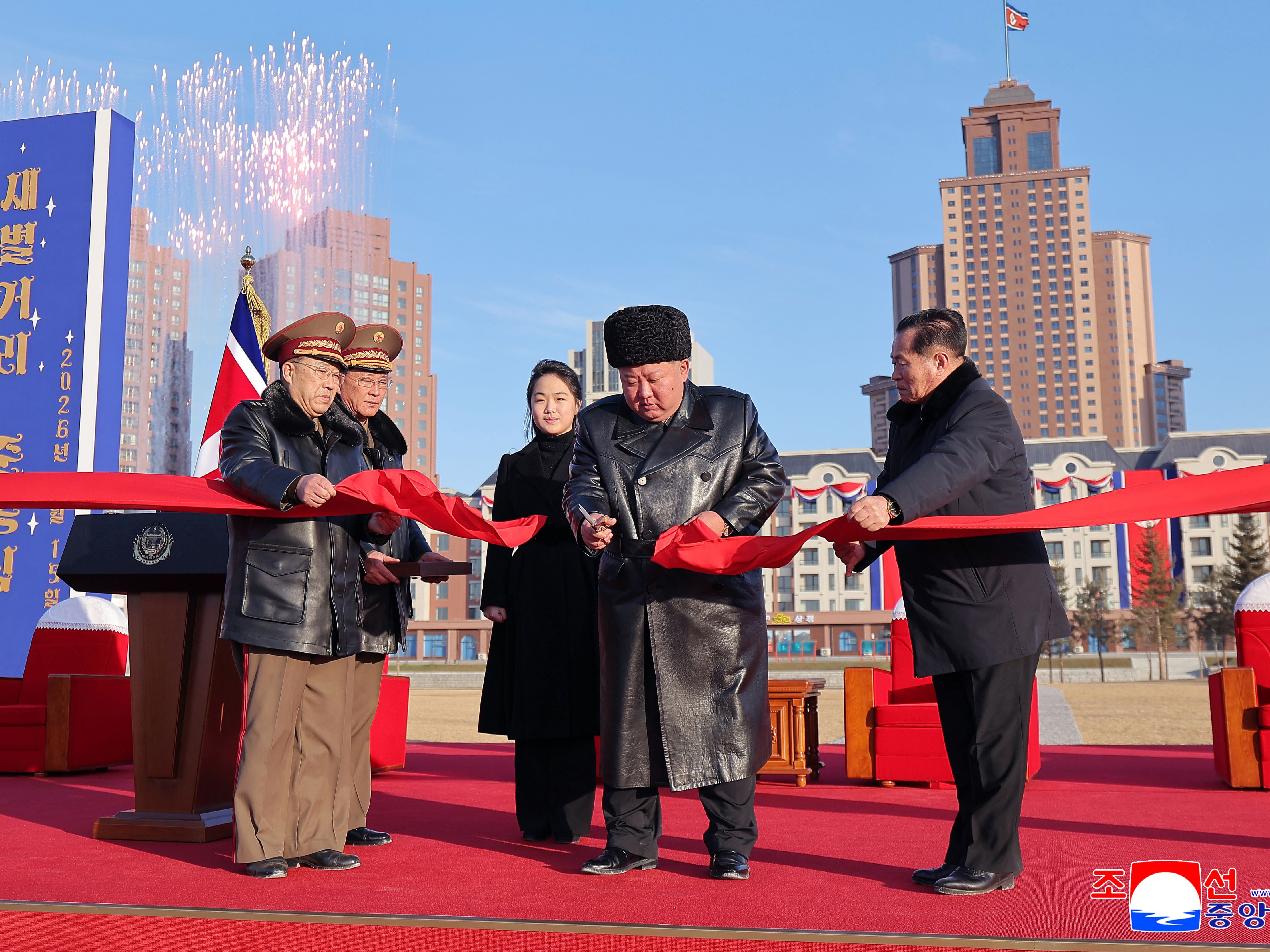 caption: In this photo provided by the North Korean government, North Korean leader Kim Jong Un, second right, attends a completion ceremony of the new street, called Saeppyol Street in Pyongyang, North Korea Sunday, Feb. 15, 2026. Independent journalists were not given access to cover the event depicted in this image distributed by the North Korean government. The content of this image is as provided and cannot be independently verified.
