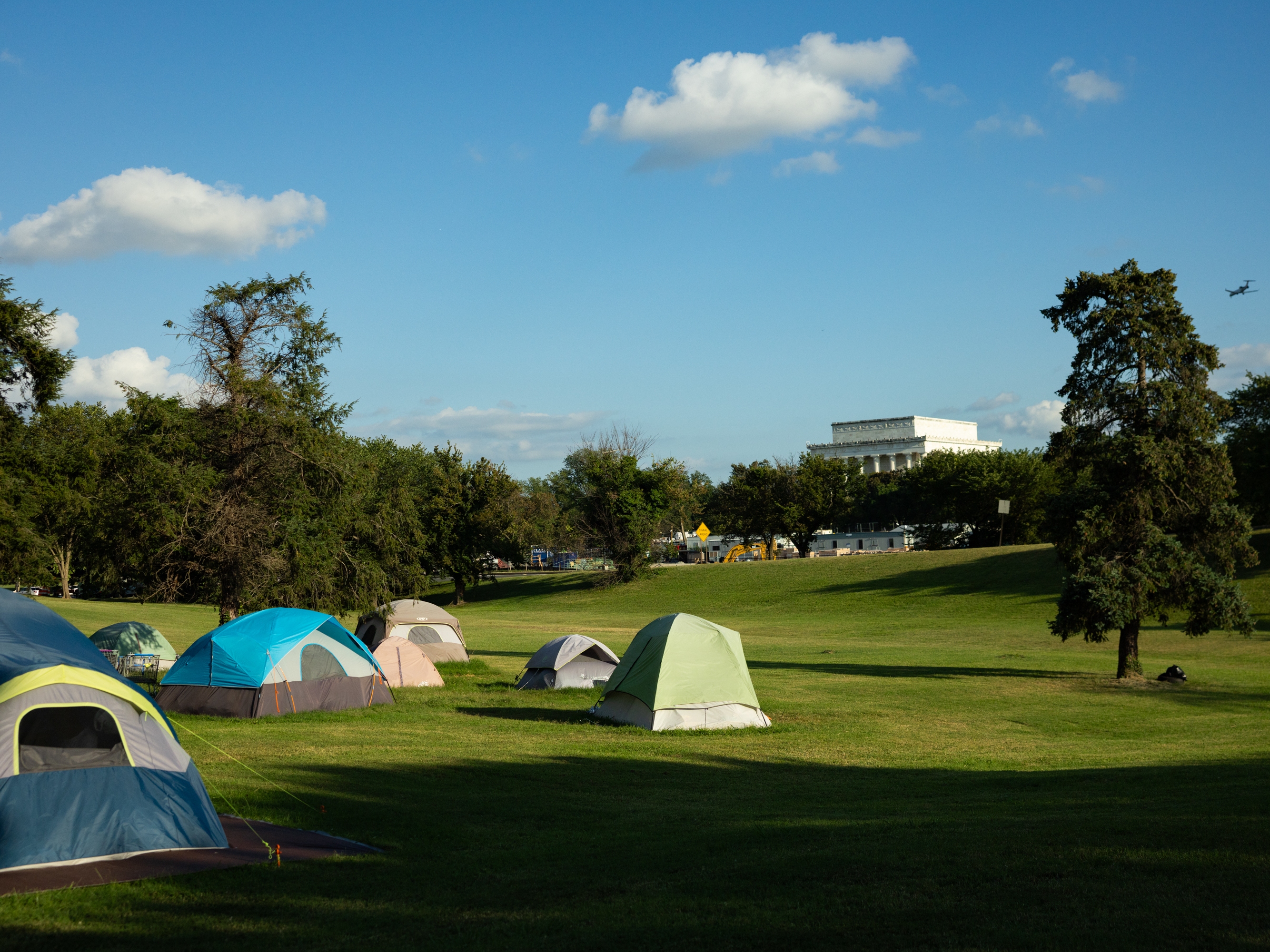 caption: A homeless encampment is seen under near the Lincoln Memorial in Washington, D.C., hours after President Trump declared on Monday that he will deploy the National Guard "to address the epidemic of crime in the nation's capital."
