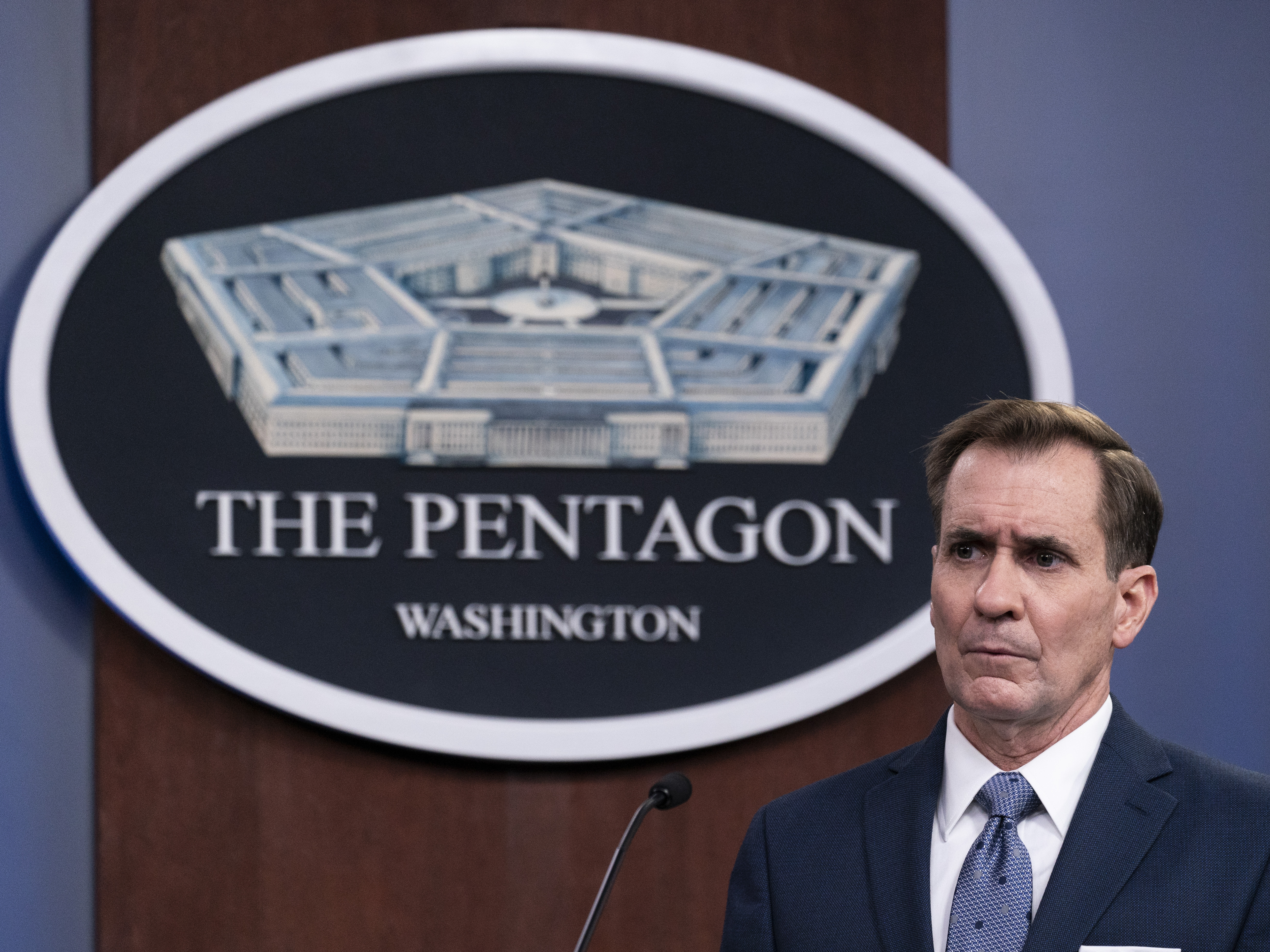 caption: Pentagon spokesman John Kirby, pictured in February at the Pentagon, says Sunday's airstrikes selected three targets in Syria and Iraq that were weapons storage and operational facilities and that "President Biden has been clear that he will act to protect U.S. personnel."