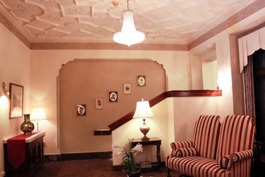 caption: The lobby at Exeter House, which was built as a luxury, live-in hotel in the 1920s.