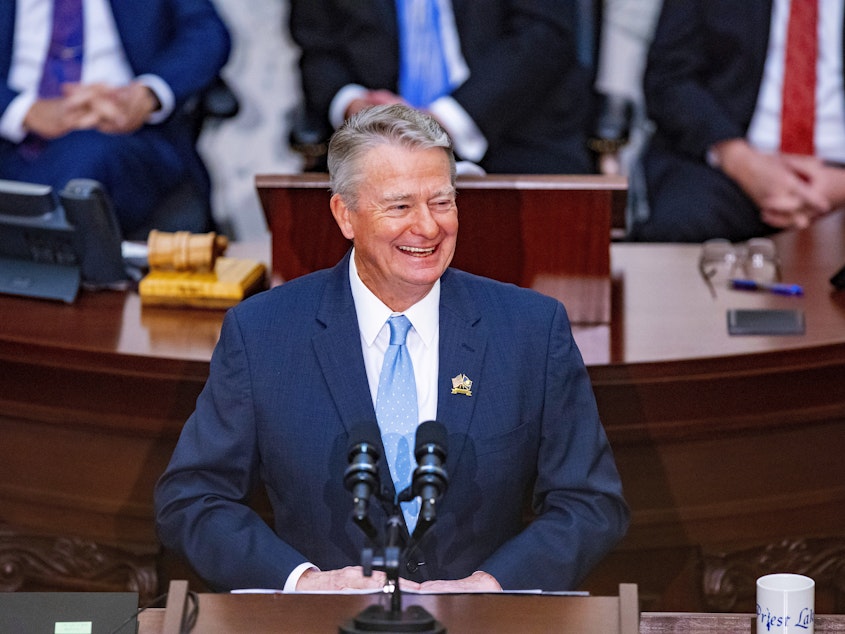 caption: Idaho Gov. Brad Little delivers his 2023 State of the State address at the Idaho State Capitol in Boise in January. A new law allows executions by firing squad if no lethal injection drugs are available.